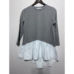 English Factory Preppy Poplin Blouse Sz M Cotton Grey White Classic Asymmetrical